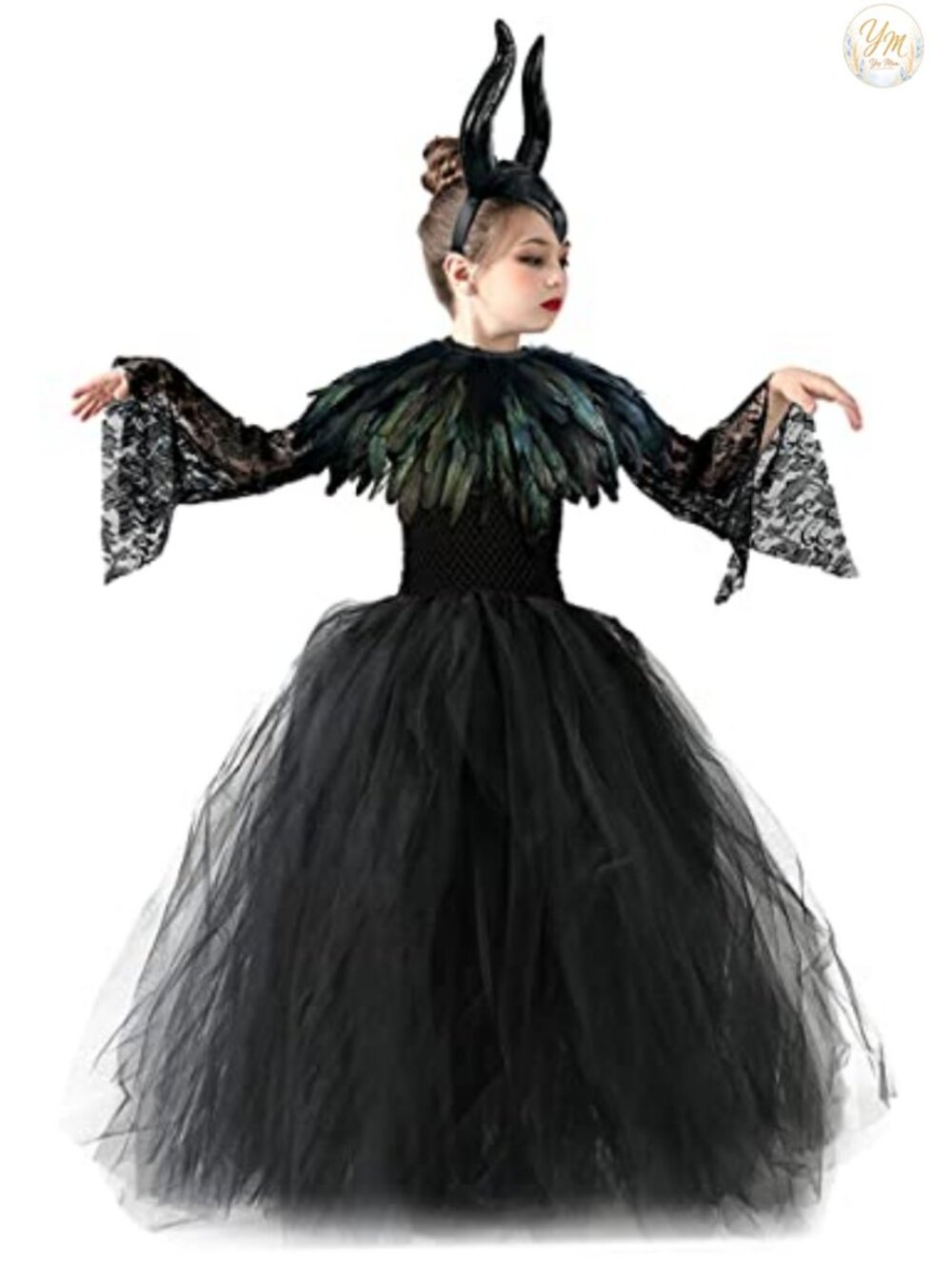 Girls Black Tulle Tutu Dress Demon Horns Feather Cape Set Costume